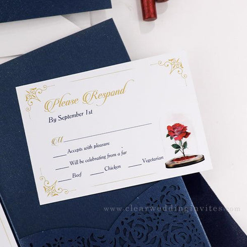 Beauty and the beast navy blue red rose pocket wedding invitations CWIL80